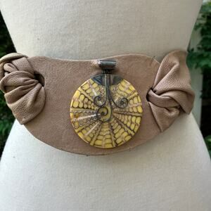 Handmade Leather Belt OOAK Tie Wrap 41” Tan Pebbled Medallion Boho Earthy Artsy